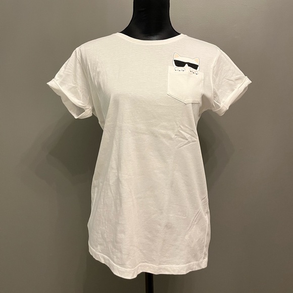 New Karl Lagerfeld Black Embellished Cat Print T-shirt Rolled Sleeve S - Picture 2 of 4